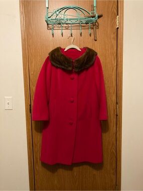 Pierre Dumas Bright Red Wool Pea Coat with Fur Collar